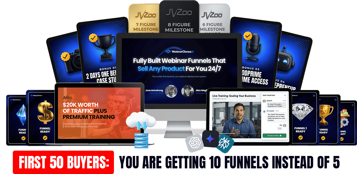 WebinarClonesAI full bundle — 10 fully built webinar funnels